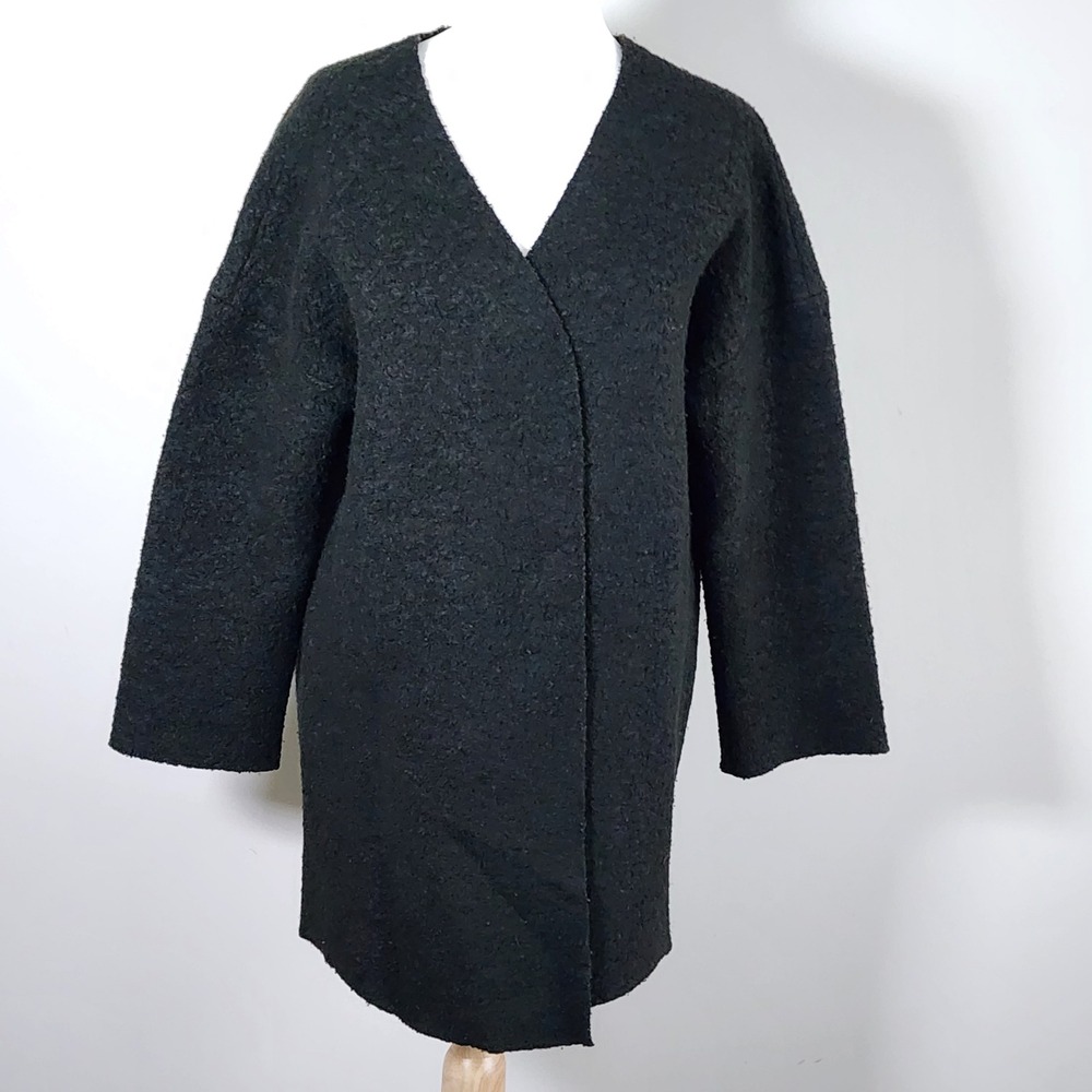 Oak + Fort Wool Blend Cardigan Womens Medium Black Boucle Open Front Minimalist